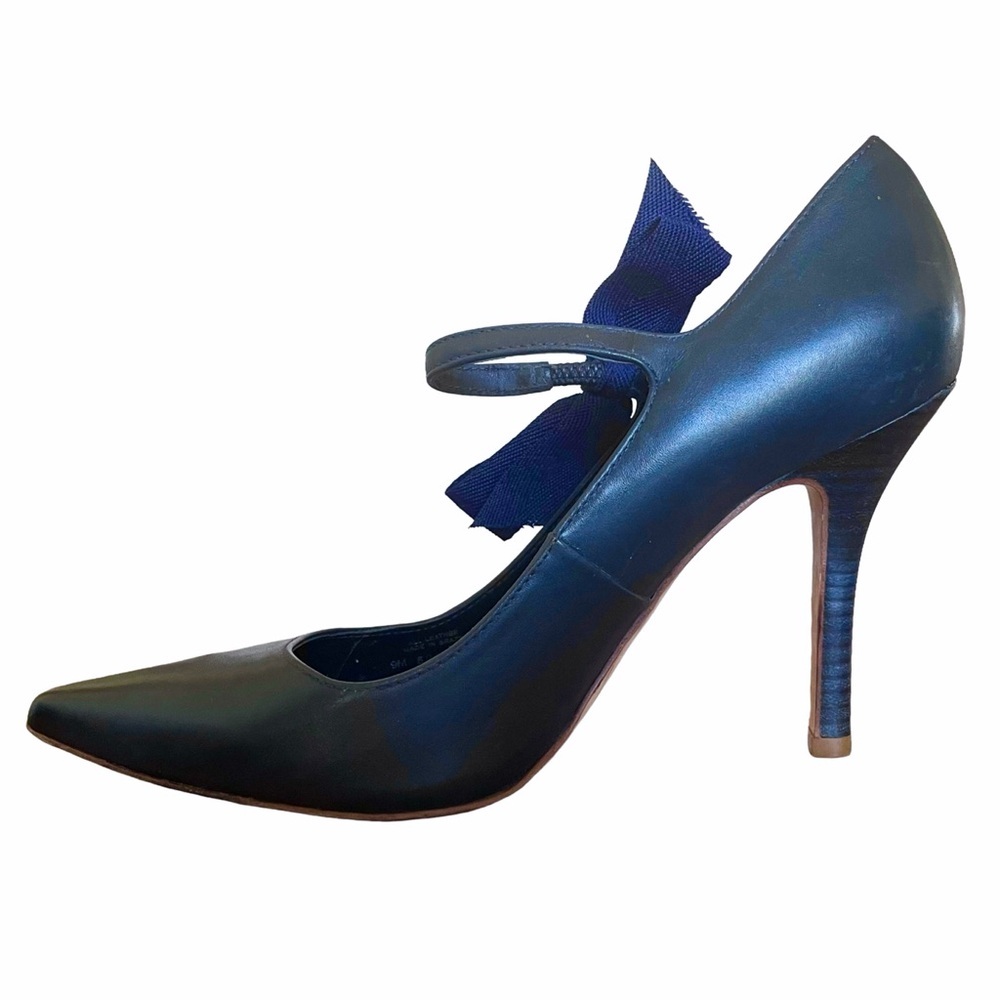 Tory Burch Beverly Navy Leather Bow Mary Jane Pumps Size 9 Pointed Toe Heels - Picture 2 of 10